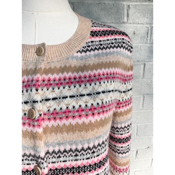 Talbots Fair Isle Cardigan Sweater M Button Up Pink Preppy Nordic Spring - Picture 4 of 9